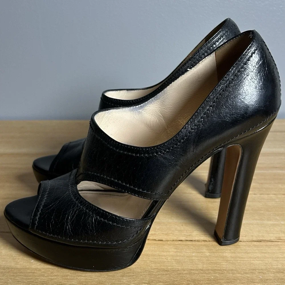 Prada Black Leather Cutout Platform Open Toe Stiletto Pumps
